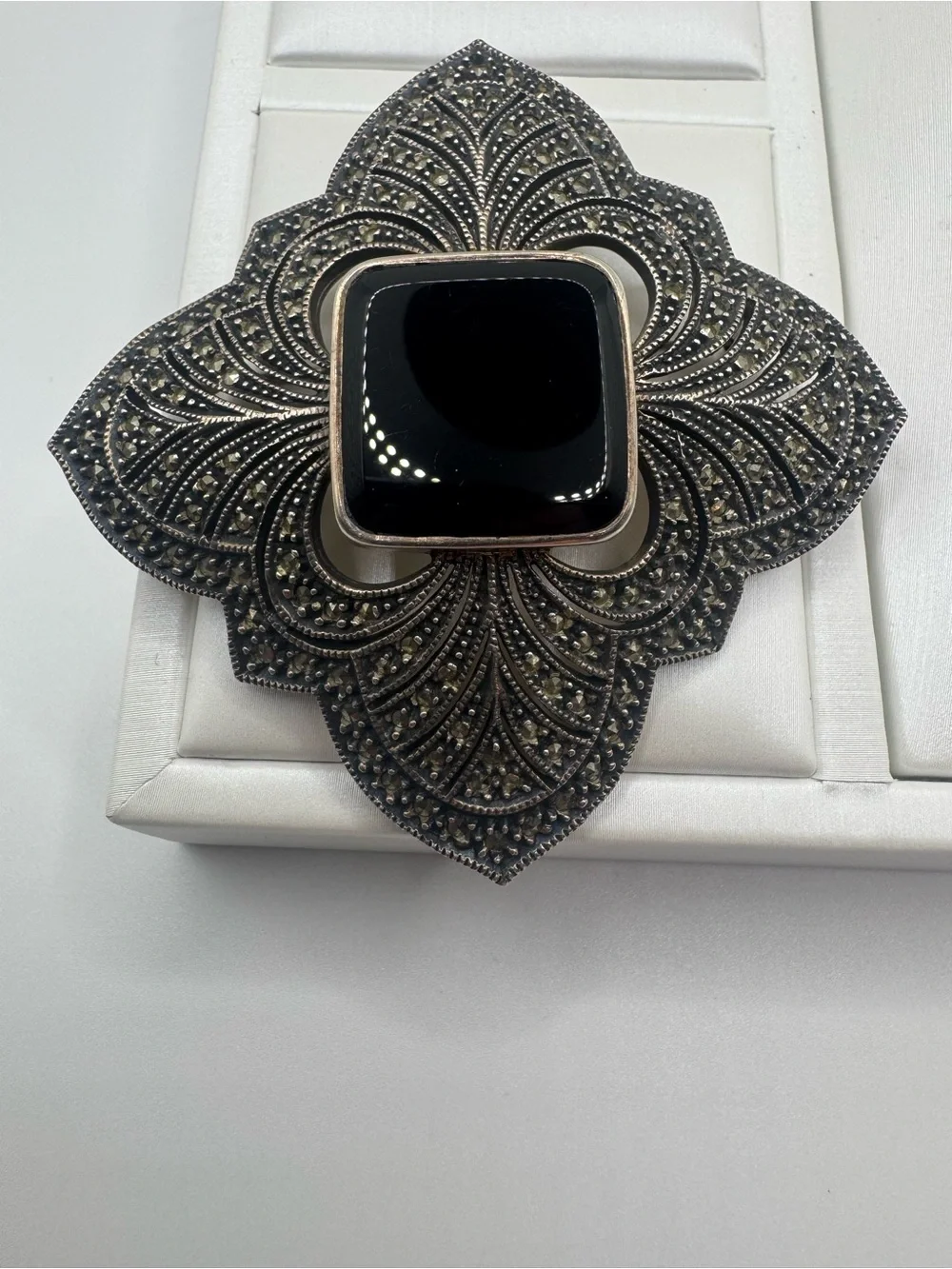 Judith Jack Vintage Sterling Silver Marcasite & Black Onyx Art Deco Brooch